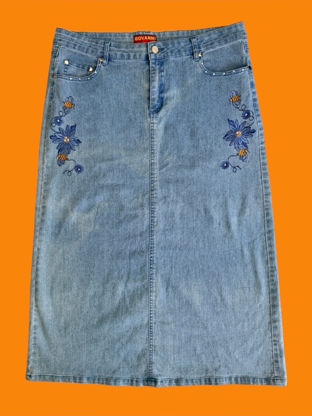 Denim embroidered maxi skirt